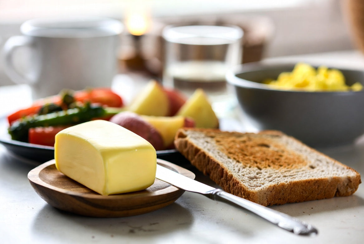 Butter with gluten-free toast and breakfast foods on kitchen table