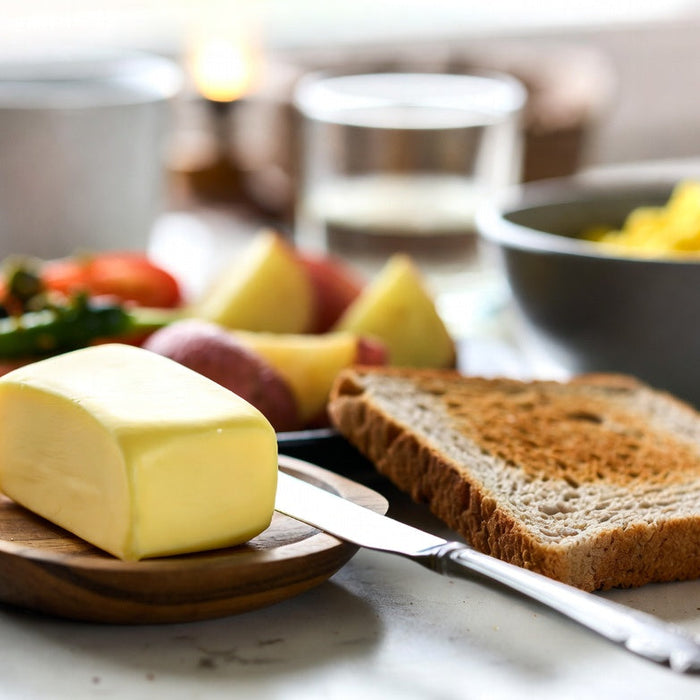 Butter with gluten-free toast and breakfast foods on kitchen table