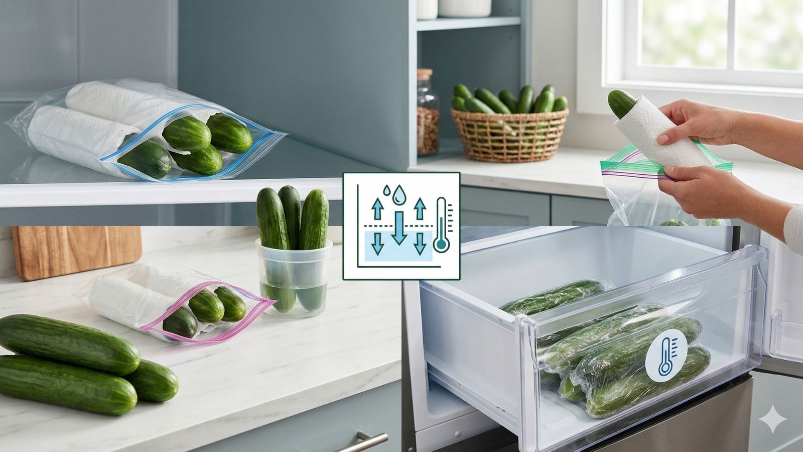 Cucumbers stored in bags and fridge drawer with freshness icons!