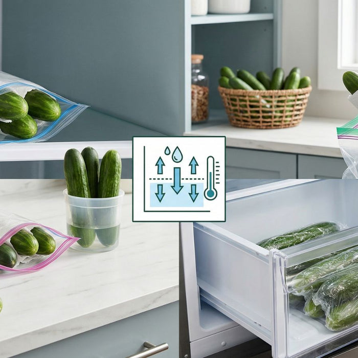 Cucumbers stored in bags and fridge drawer with freshness icons!