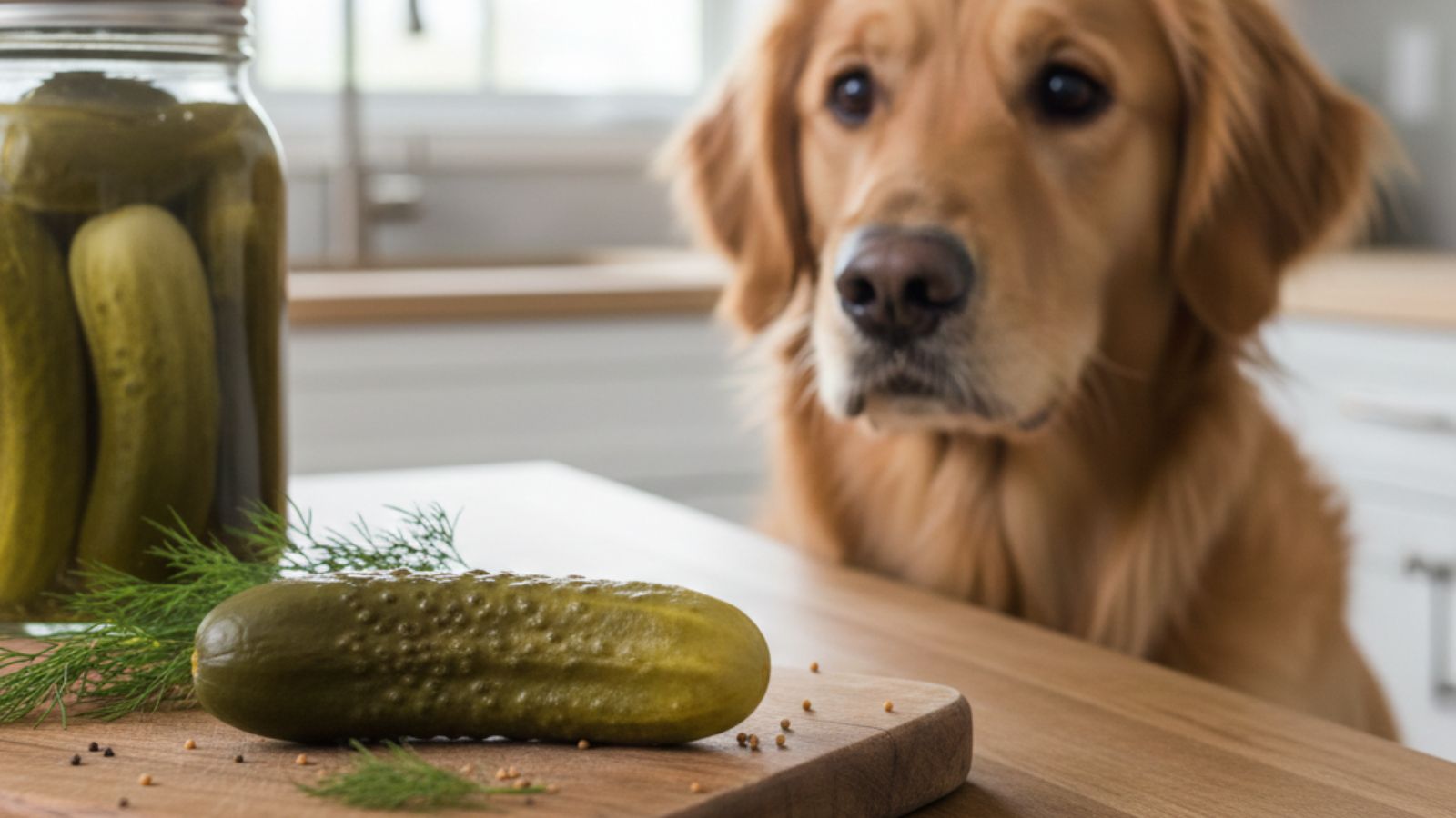 Retriever watches pickle on cutting board, jar of pickles behind calm
