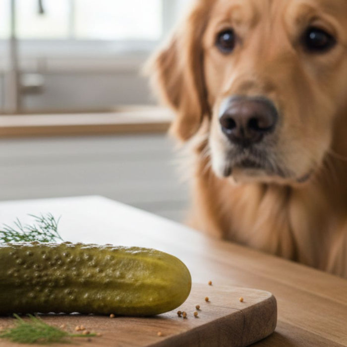 Retriever watches pickle on cutting board, jar of pickles behind calm