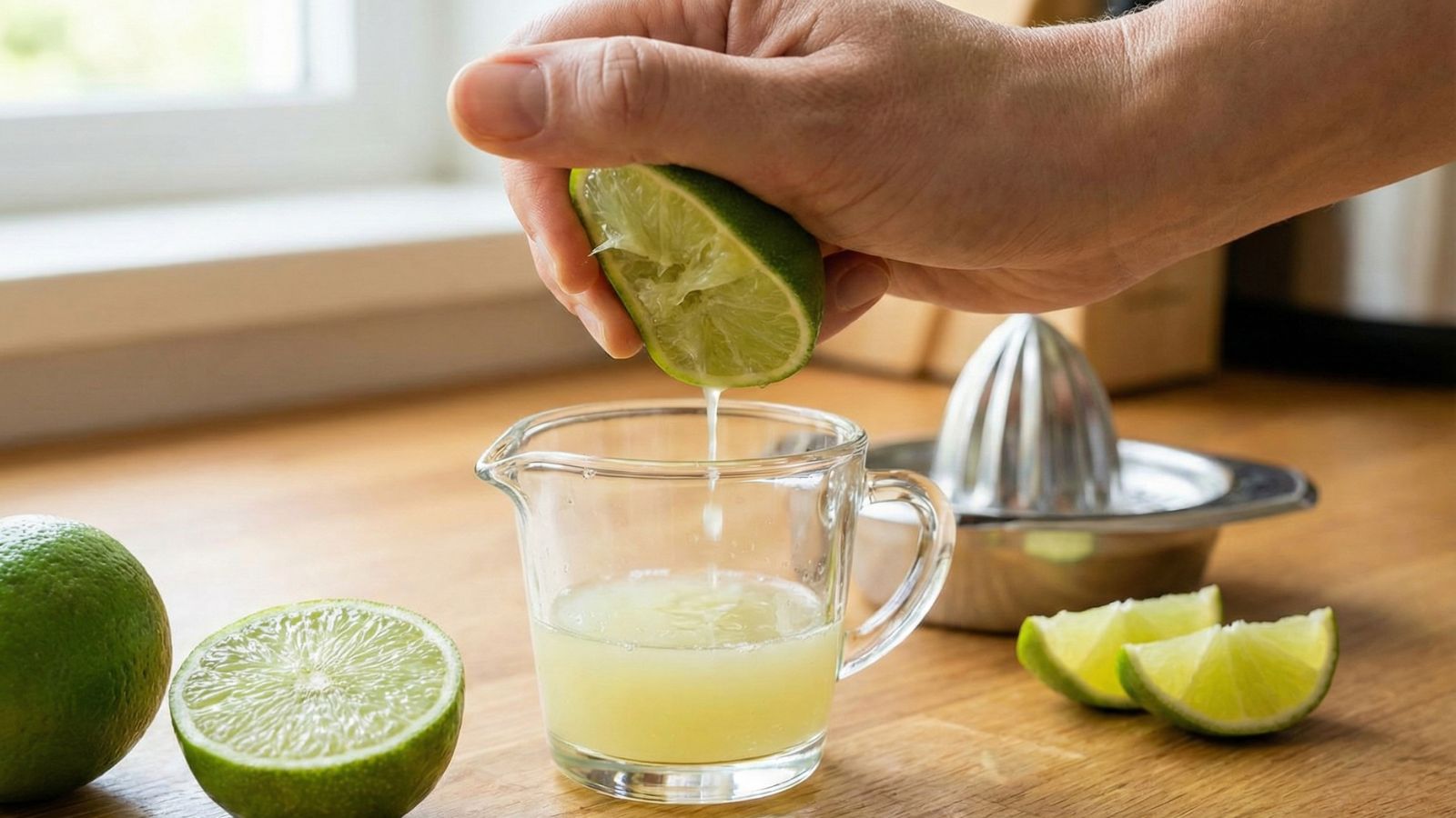 Hand squeezing lime half into glass cup with juicer nearby