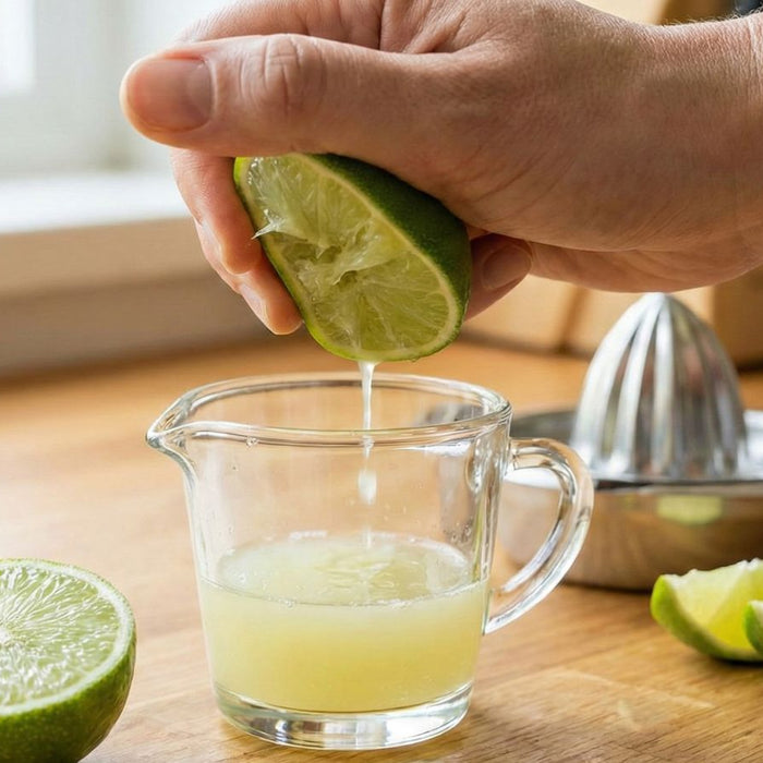 Hand squeezing lime half into glass cup with juicer nearby