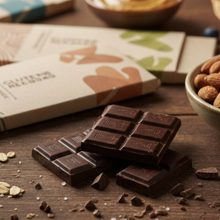 Dark chocolate squares with almonds and packaged bars on table
