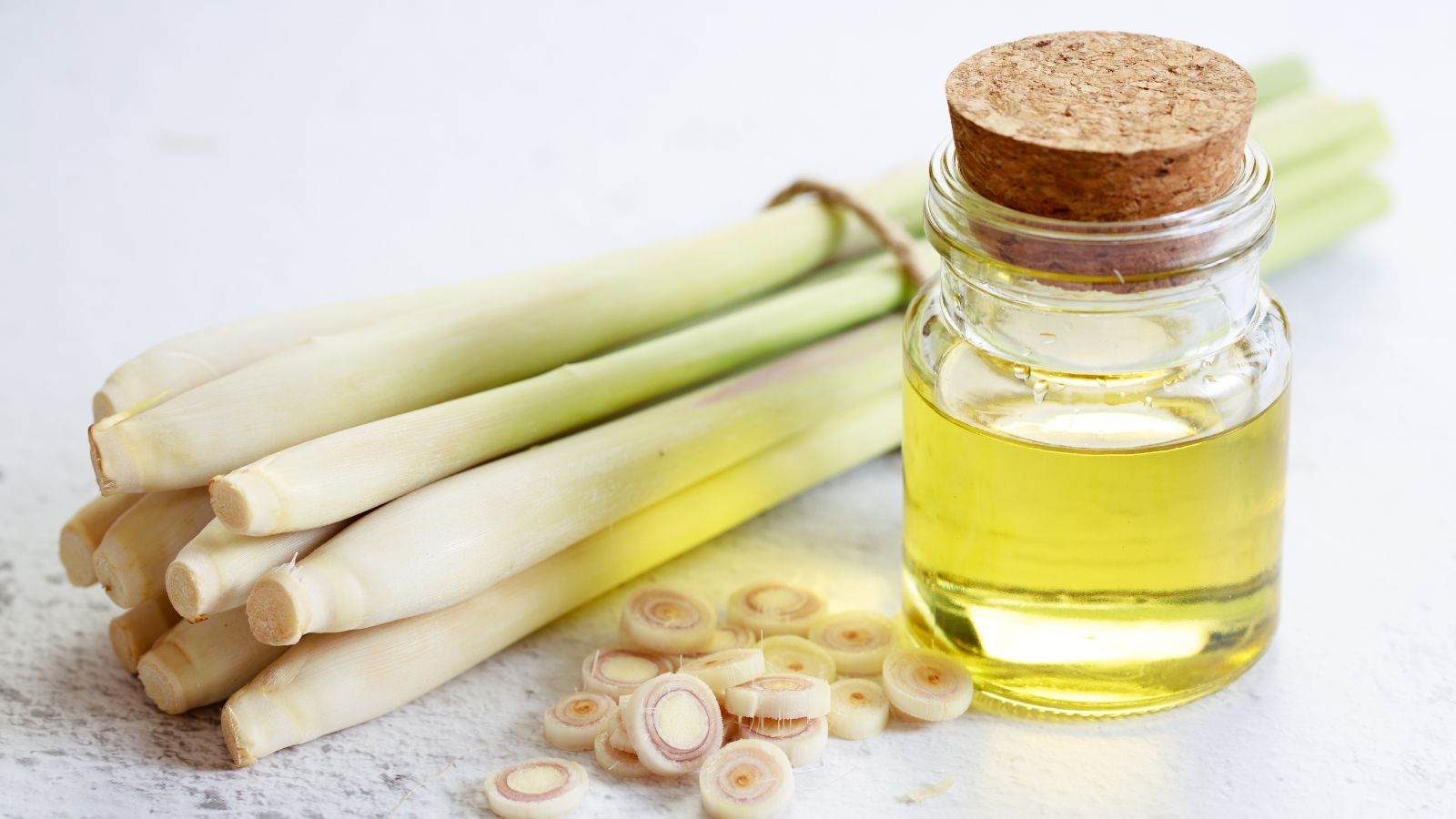 Fresh lemongrass stalks with essential oil in glass bottle