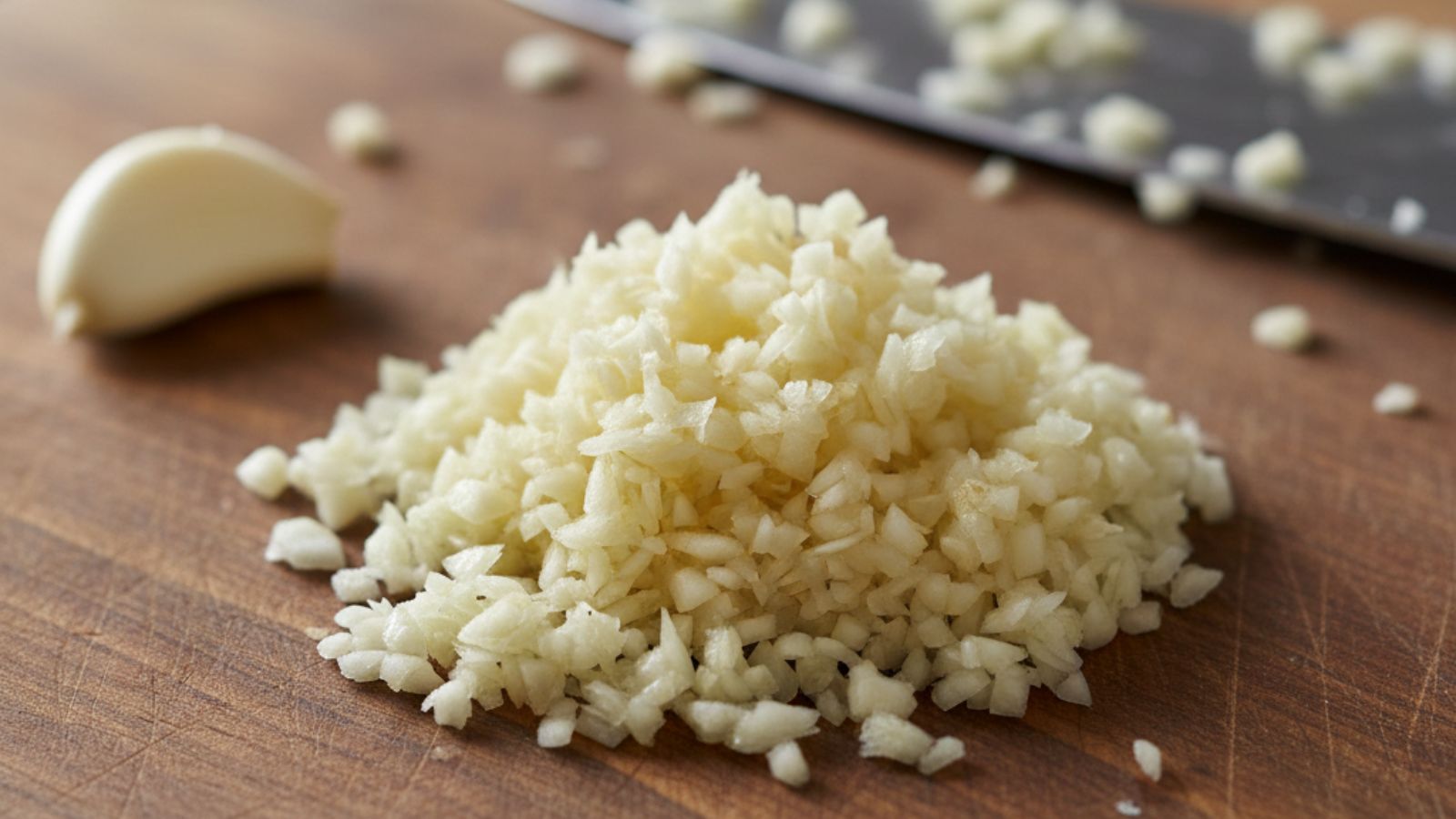 Freshly minced garlic pile on wooden board with knife nearby