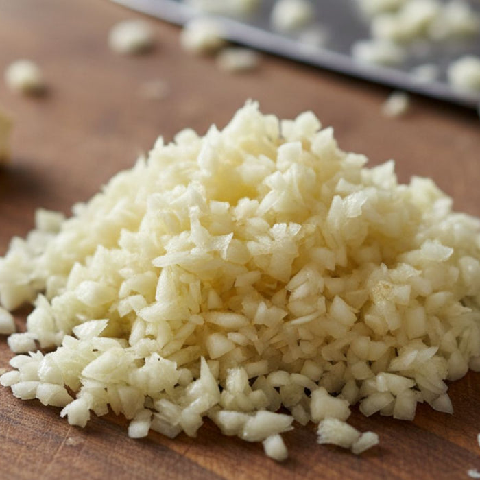 Freshly minced garlic pile on wooden board with knife nearby