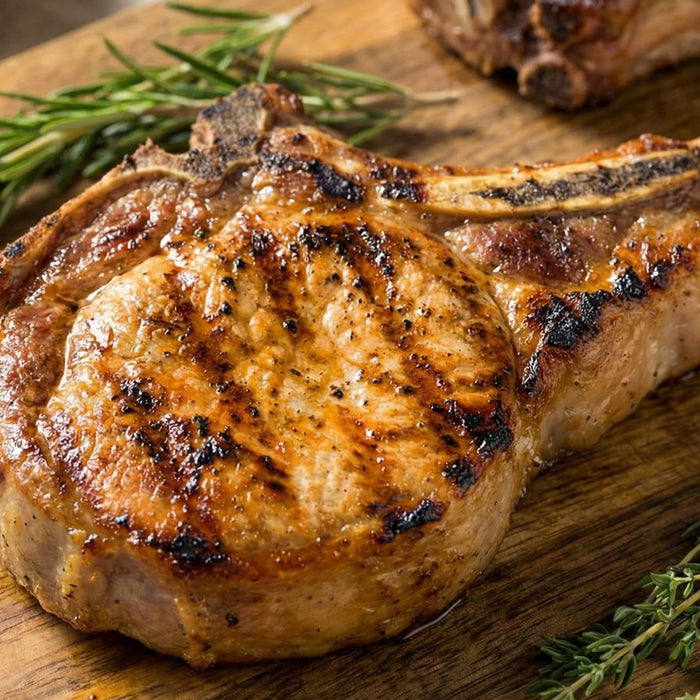 Grilled bone-in pork chop with herbs resting on wooden board