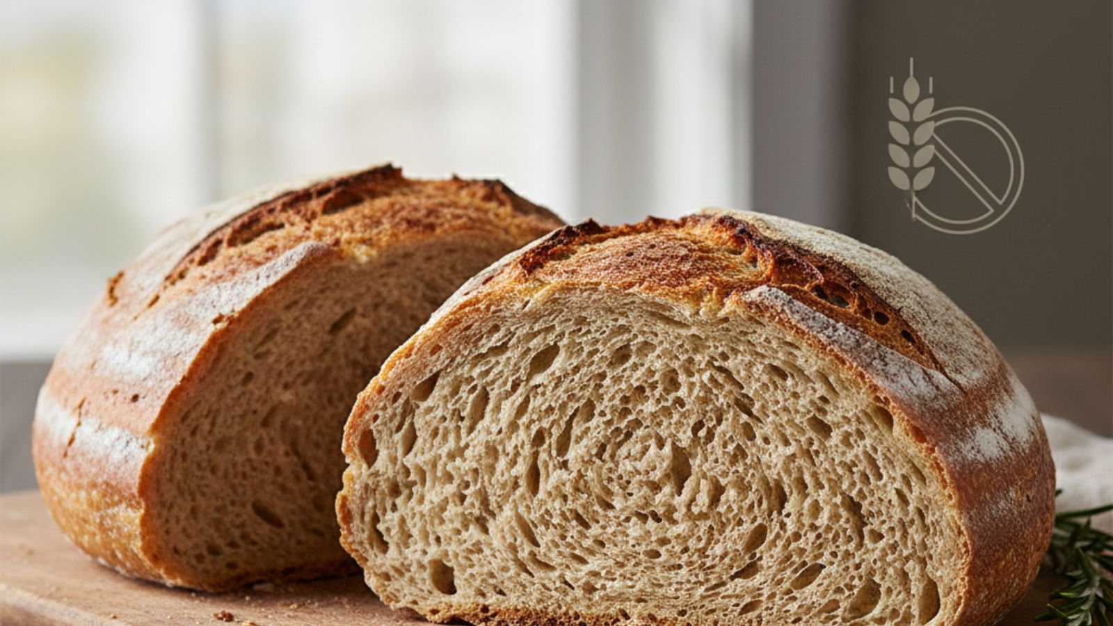 Whole grain sourdough loaf sliced on wooden board