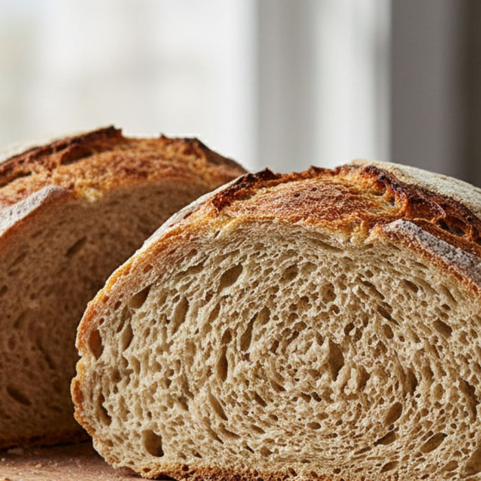 Whole grain sourdough loaf sliced on wooden board