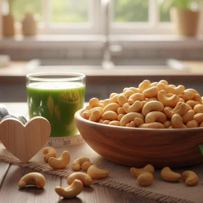 Cashews in bowl with green juice, berries, and fitness equipment