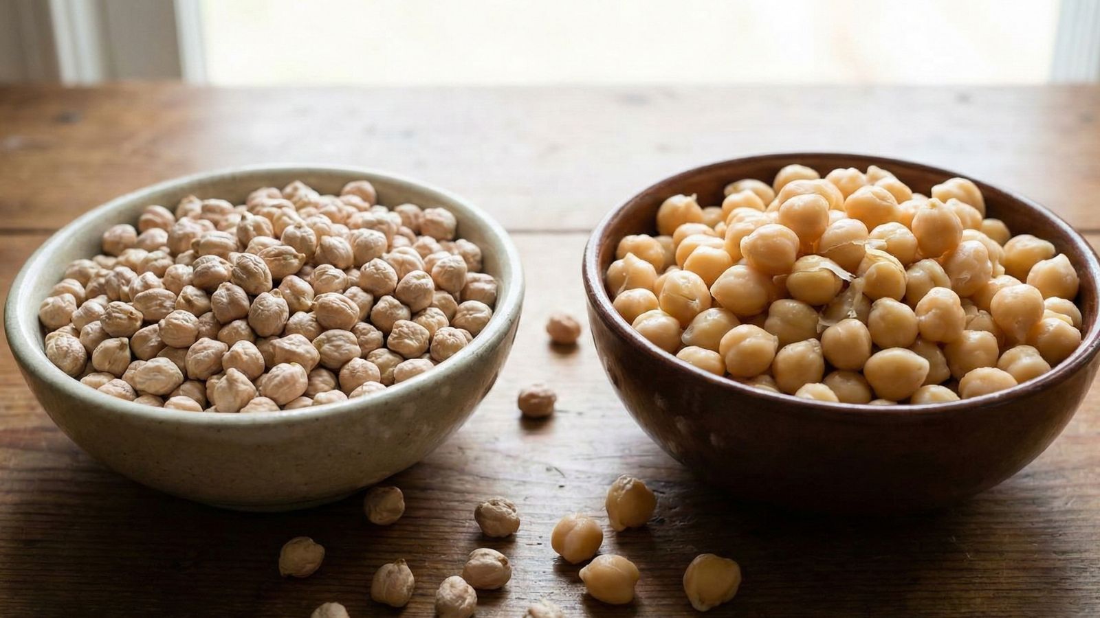 Dried chickpeas and cooked chickpeas in bowls side by side