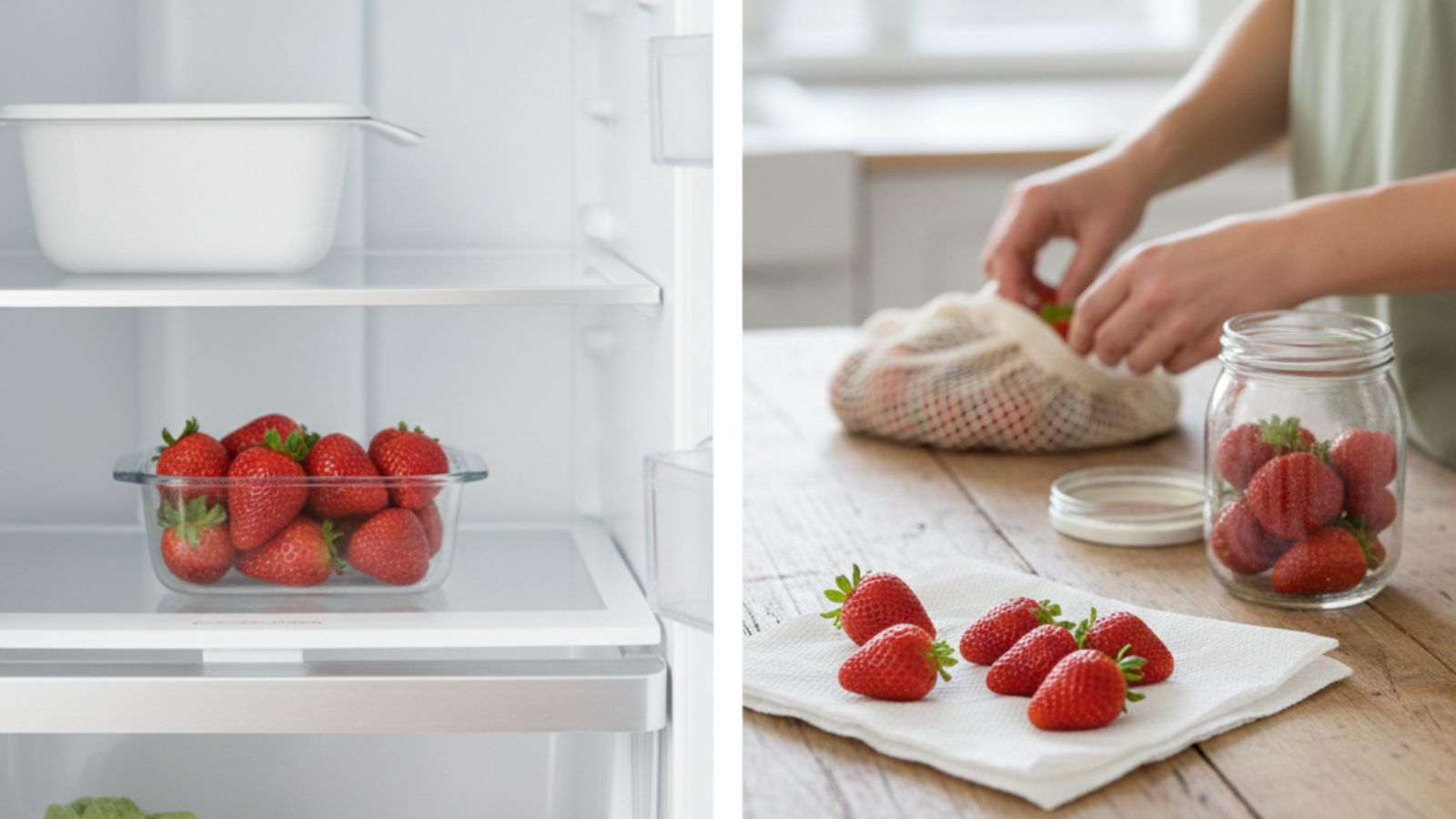 Strawberries stored in fridge and being prepared in glass jars