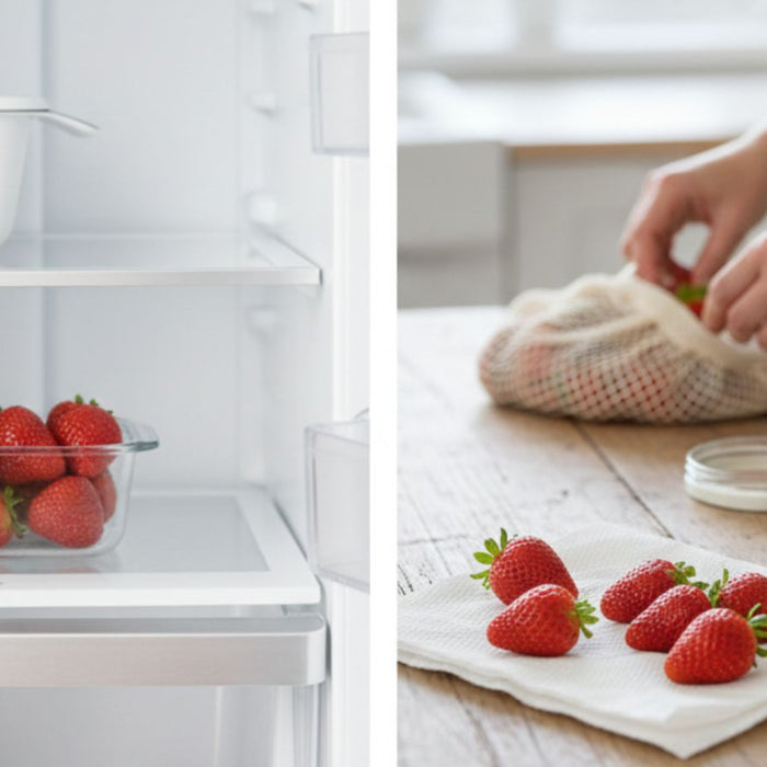 Strawberries stored in fridge and being prepared in glass jars