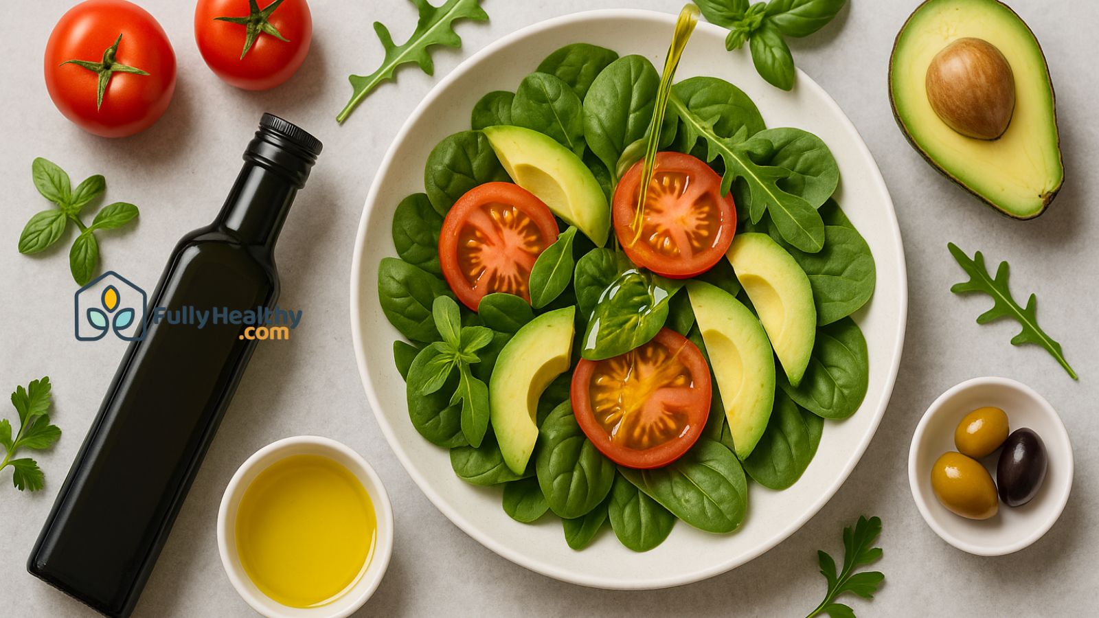 Healthy salad with tomato avocado spinach and olive oil dressing.