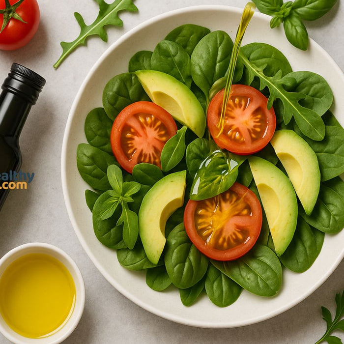 Healthy salad with tomato avocado spinach and olive oil dressing.