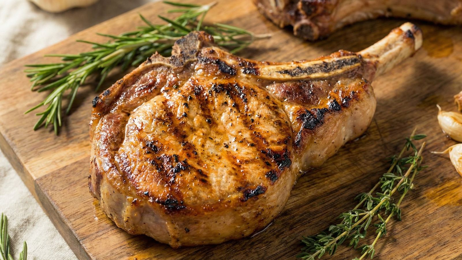 Grilled bone-in pork chop with herbs resting on wooden board