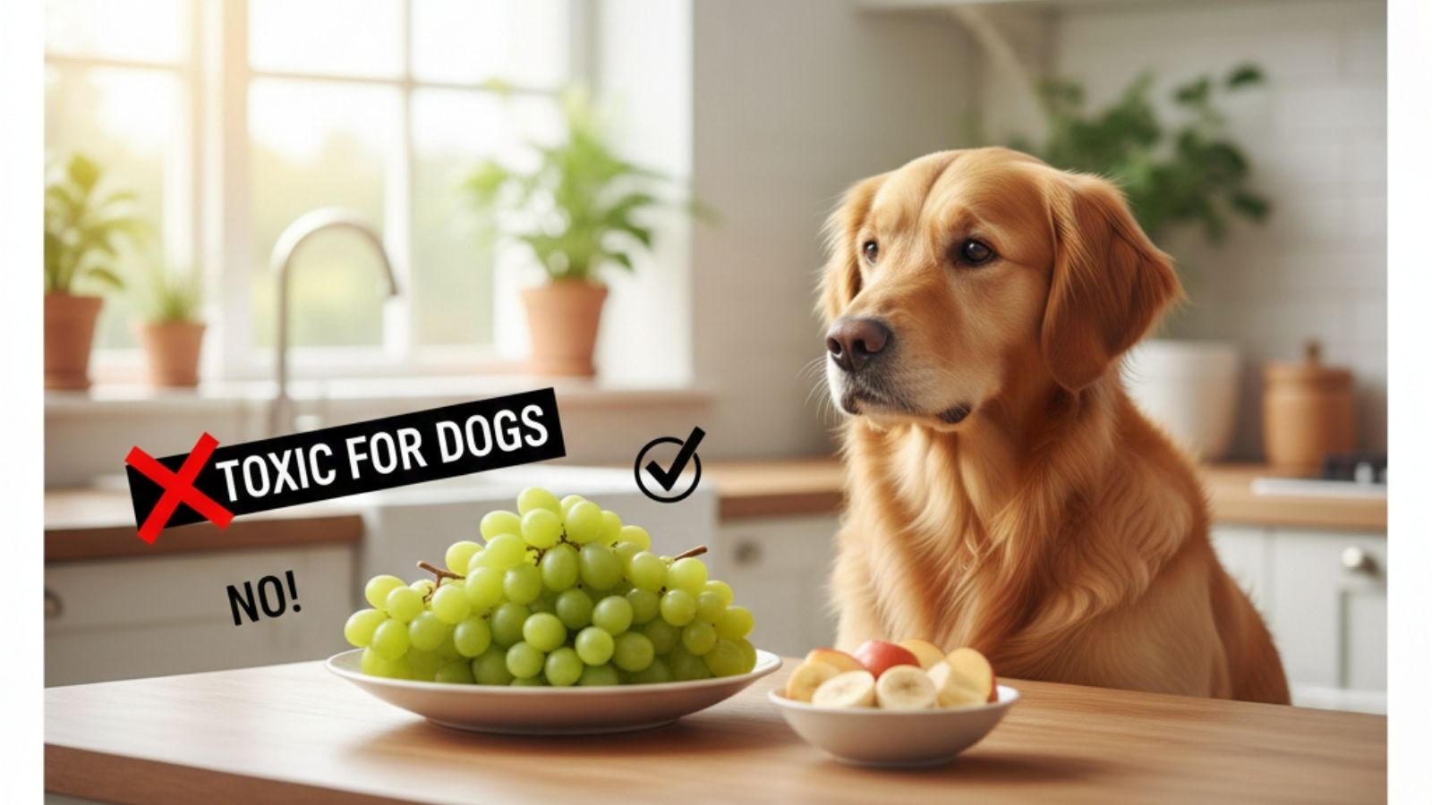 Dog watching grapes on table marked toxic for dogs warning