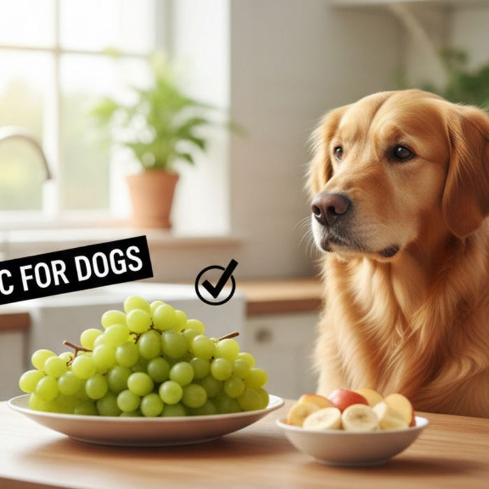 Dog watching grapes on table marked toxic for dogs warning