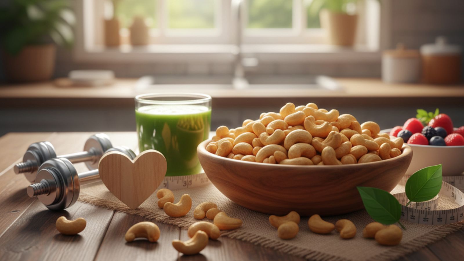 Cashews in bowl with green juice, berries, and fitness equipment