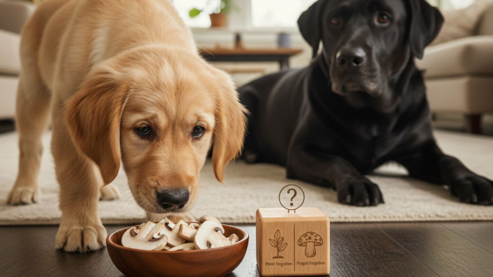Puppy sniffs bowl of mushrooms while black dog watches behind