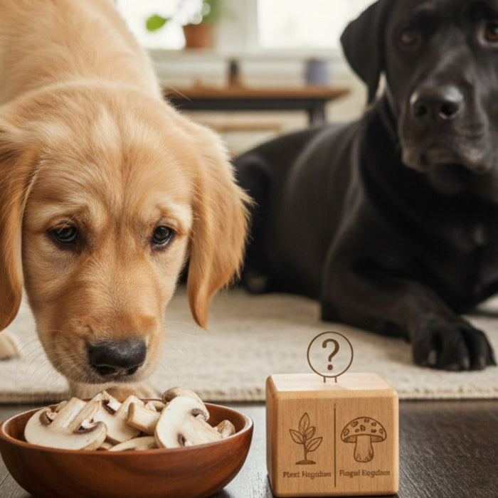 Puppy sniffs bowl of mushrooms while black dog watches behind
