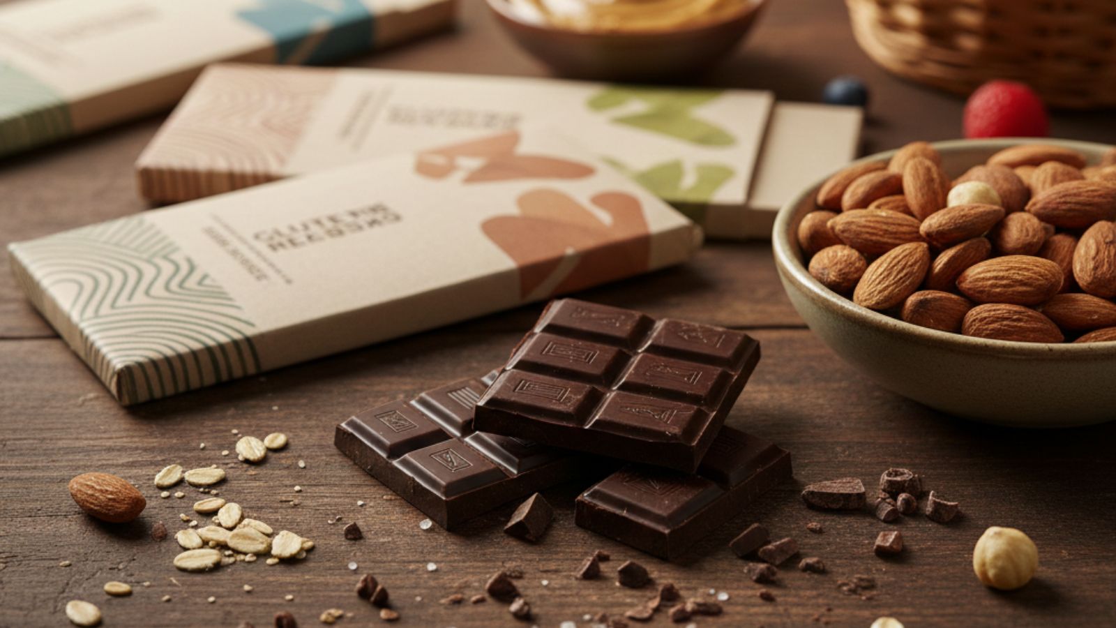 Dark chocolate squares with almonds and packaged bars on table