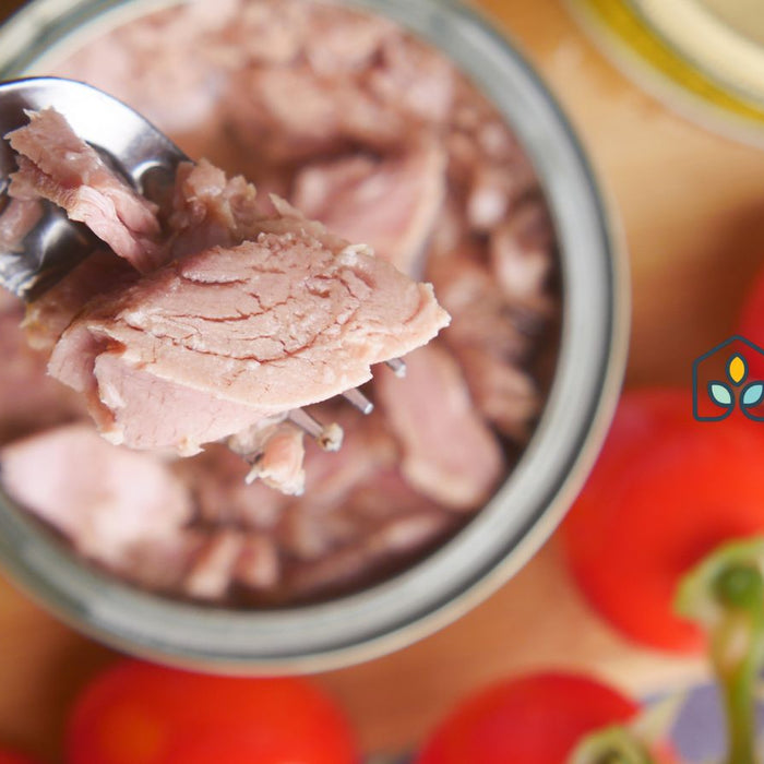 Canned tuna in bowl with fork and fresh tomatoes on table