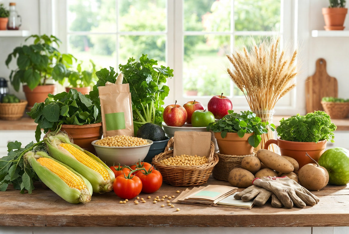 Fresh corn, soybeans and vegetables illustrating GMO food sources