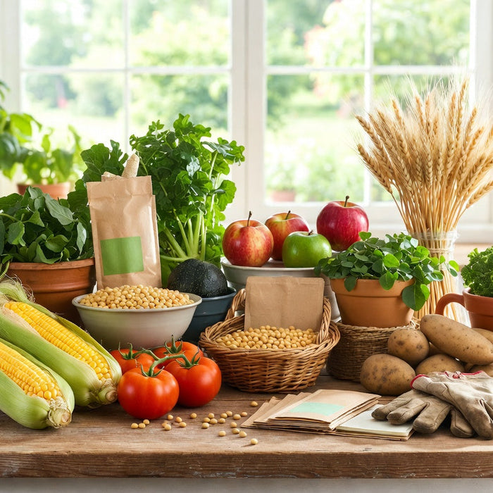 Fresh corn, soybeans and vegetables illustrating GMO food sources