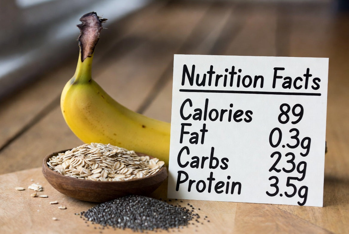 Banana with oats and chia seeds beside a handwritten nutrition sign
