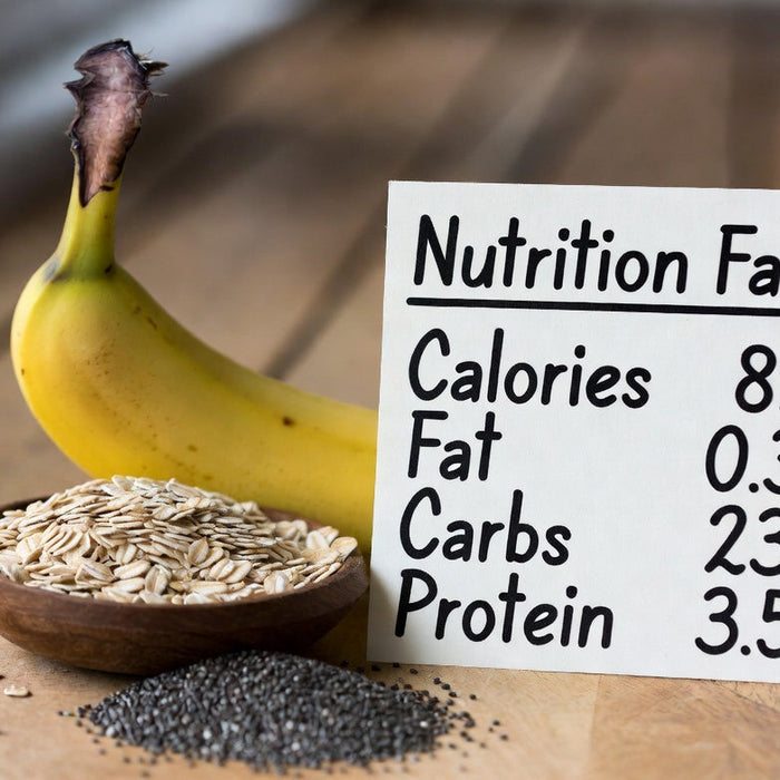 Banana with oats and chia seeds beside a handwritten nutrition sign