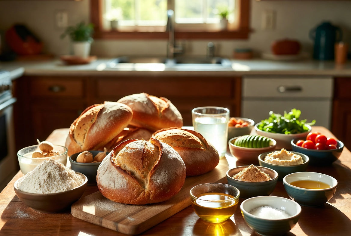 Fresh vegan bread loaves with flour, oil, hummus, greens and tomatoes.