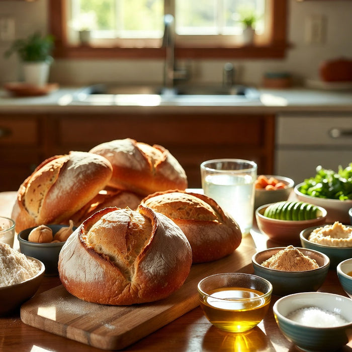Fresh vegan bread loaves with flour, oil, hummus, greens and tomatoes.
