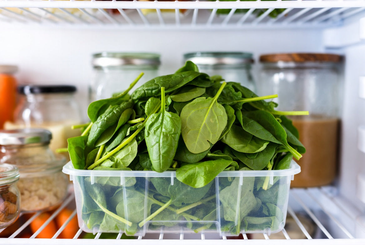 Fresh spinach leaves stored in a refrigerator container for longevity