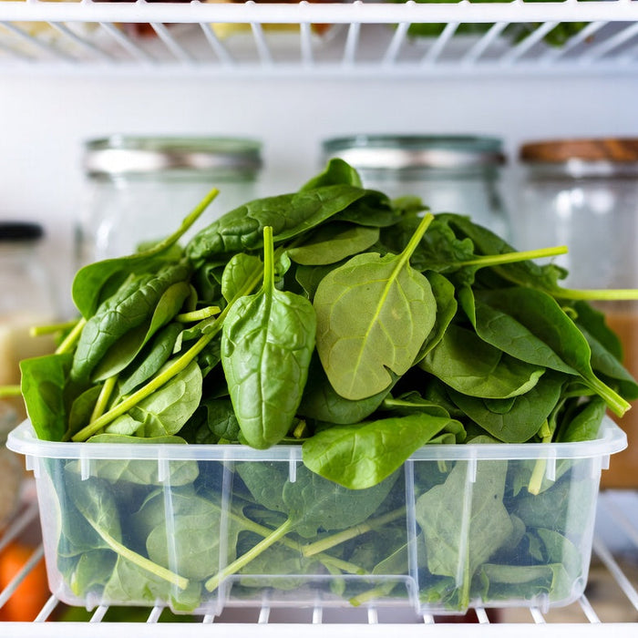 Fresh spinach leaves stored in a refrigerator container for longevity