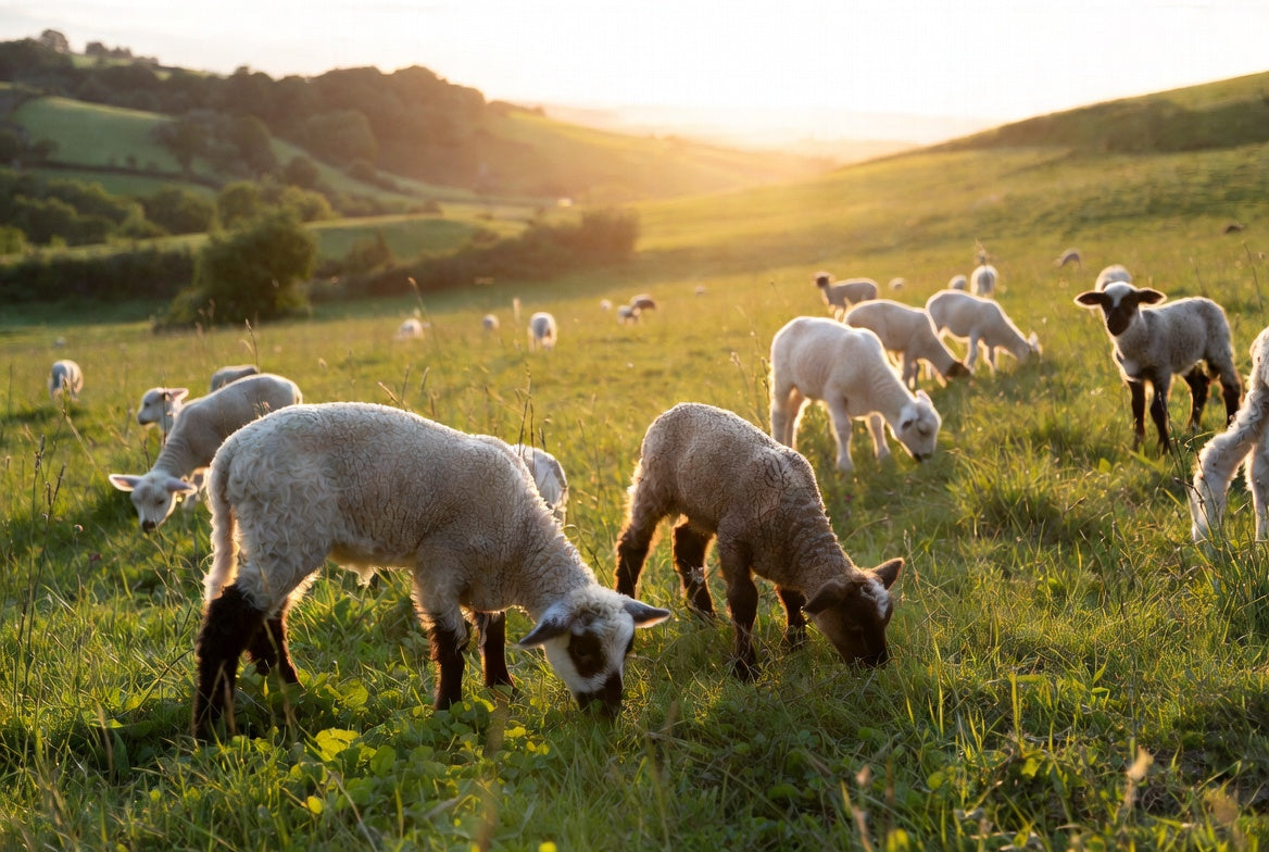 Young lambs grazing on green pasture at sunset in countryside field