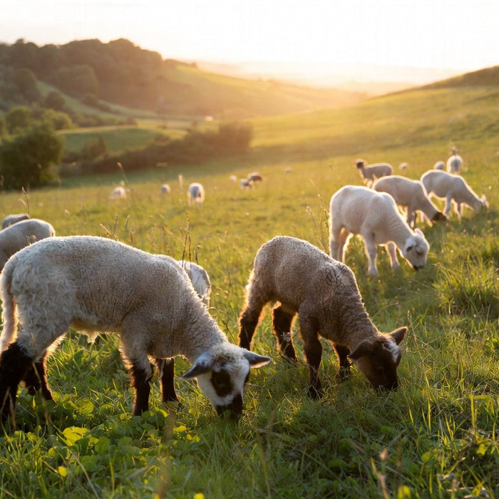 Young lambs grazing on green pasture at sunset in countryside field