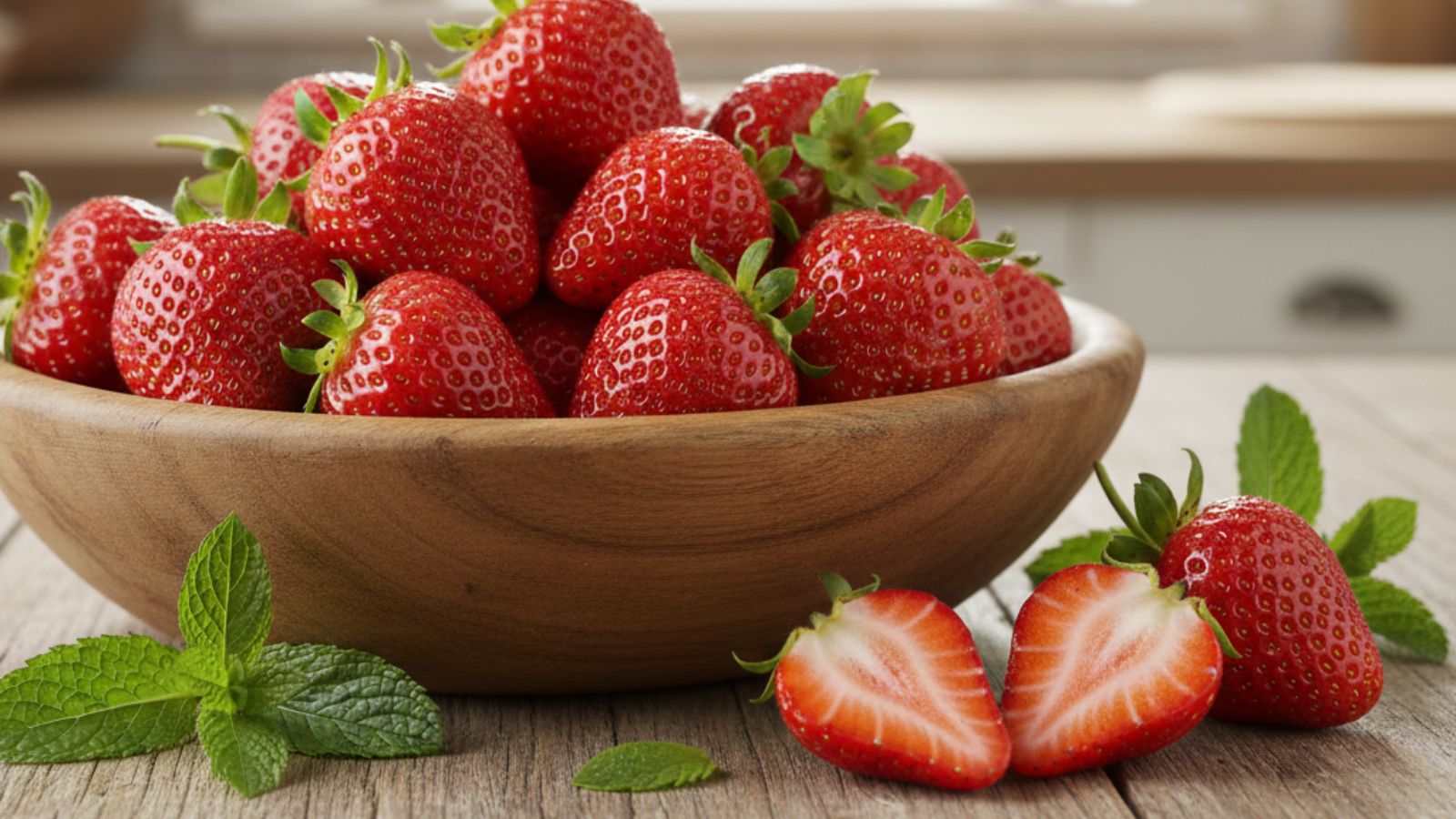 Bowl of fresh strawberries with mint leaves on wooden table