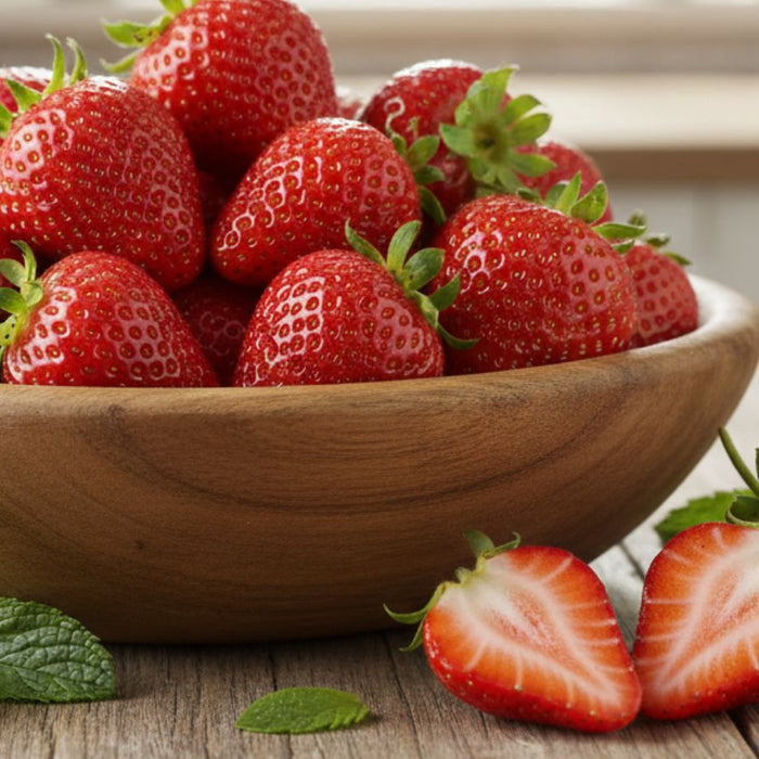 Bowl of fresh strawberries with mint leaves on wooden table