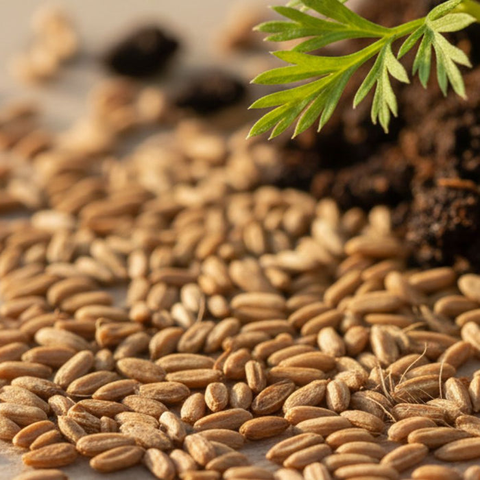 Carrot seeds scattered beside soil and sprouting carrot greens