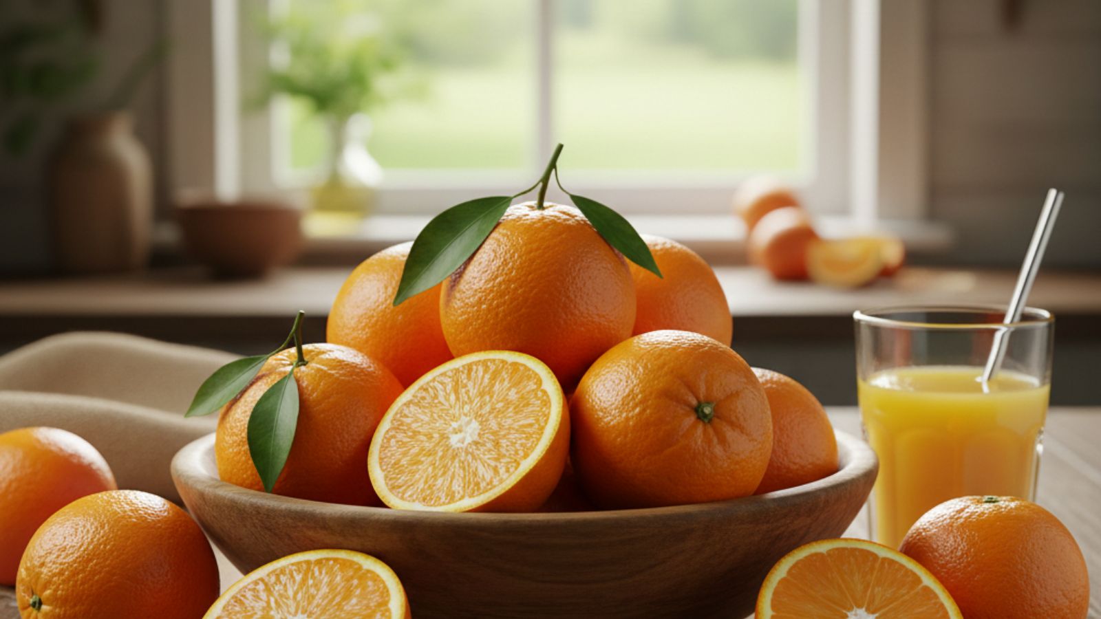 Fresh oranges in a wooden bowl with sliced orange and juice glass nearby