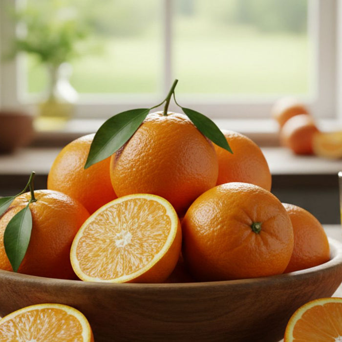 Fresh oranges in a wooden bowl with sliced orange and juice glass nearby