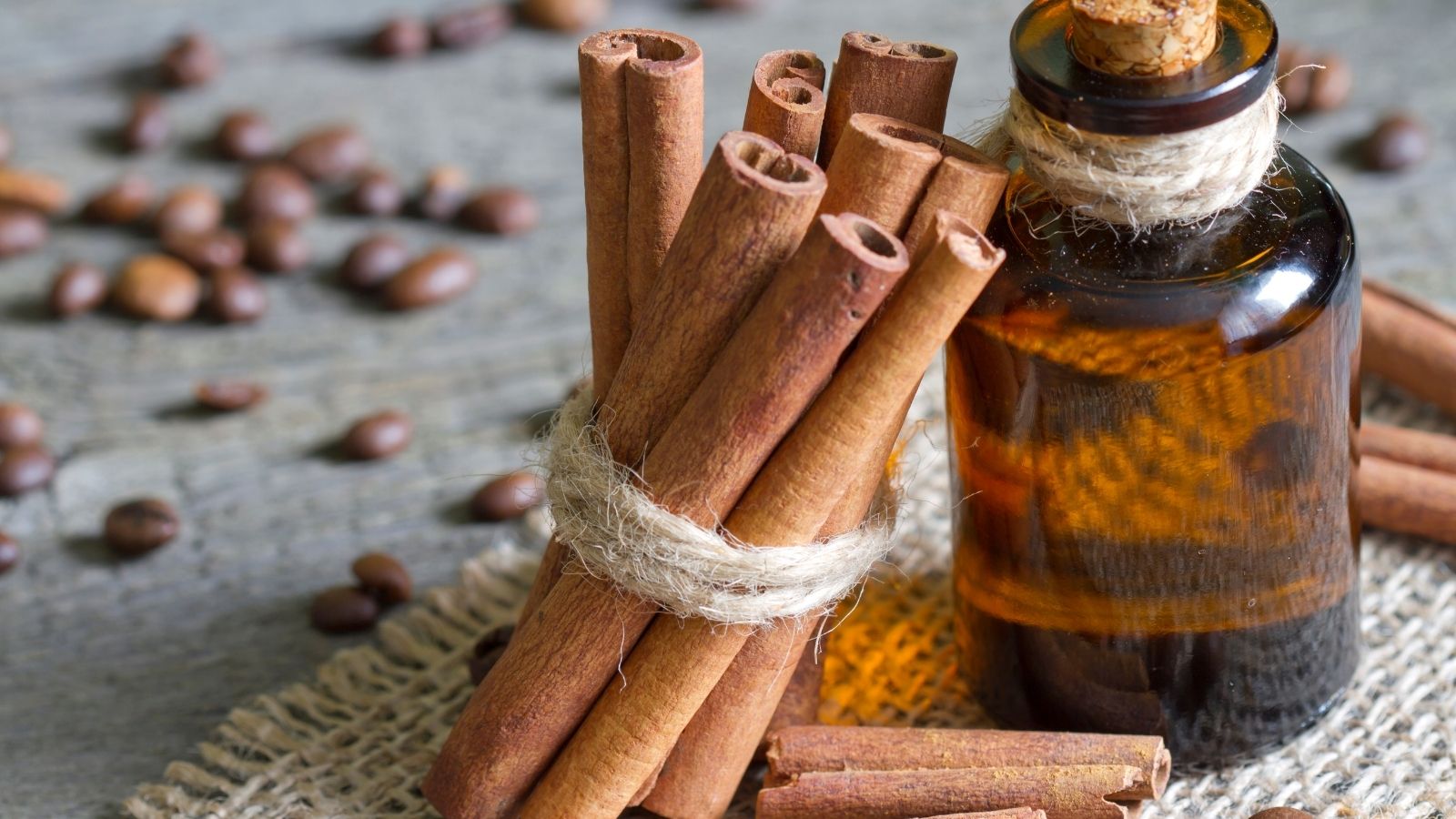 Cinnamon sticks with amber bottle on wooden surface.