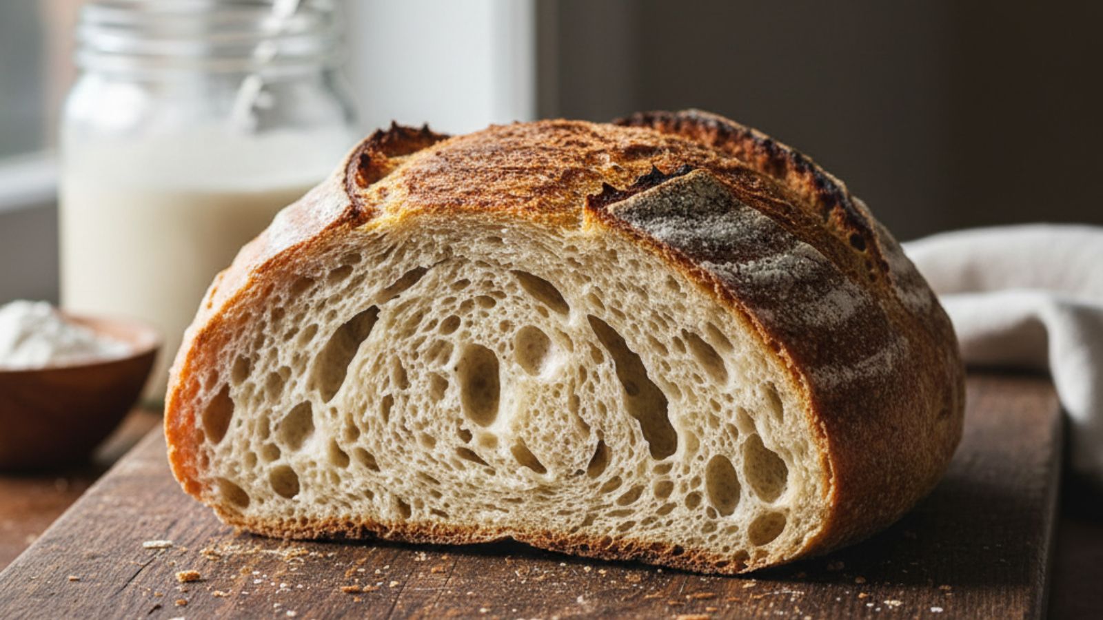 Crusty sourdough loaf sliced on wooden board