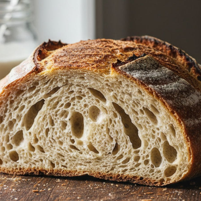 Crusty sourdough loaf sliced on wooden board