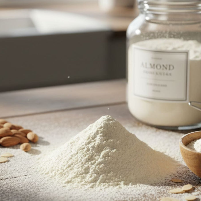 Almond flour with whole almonds on rustic kitchen table