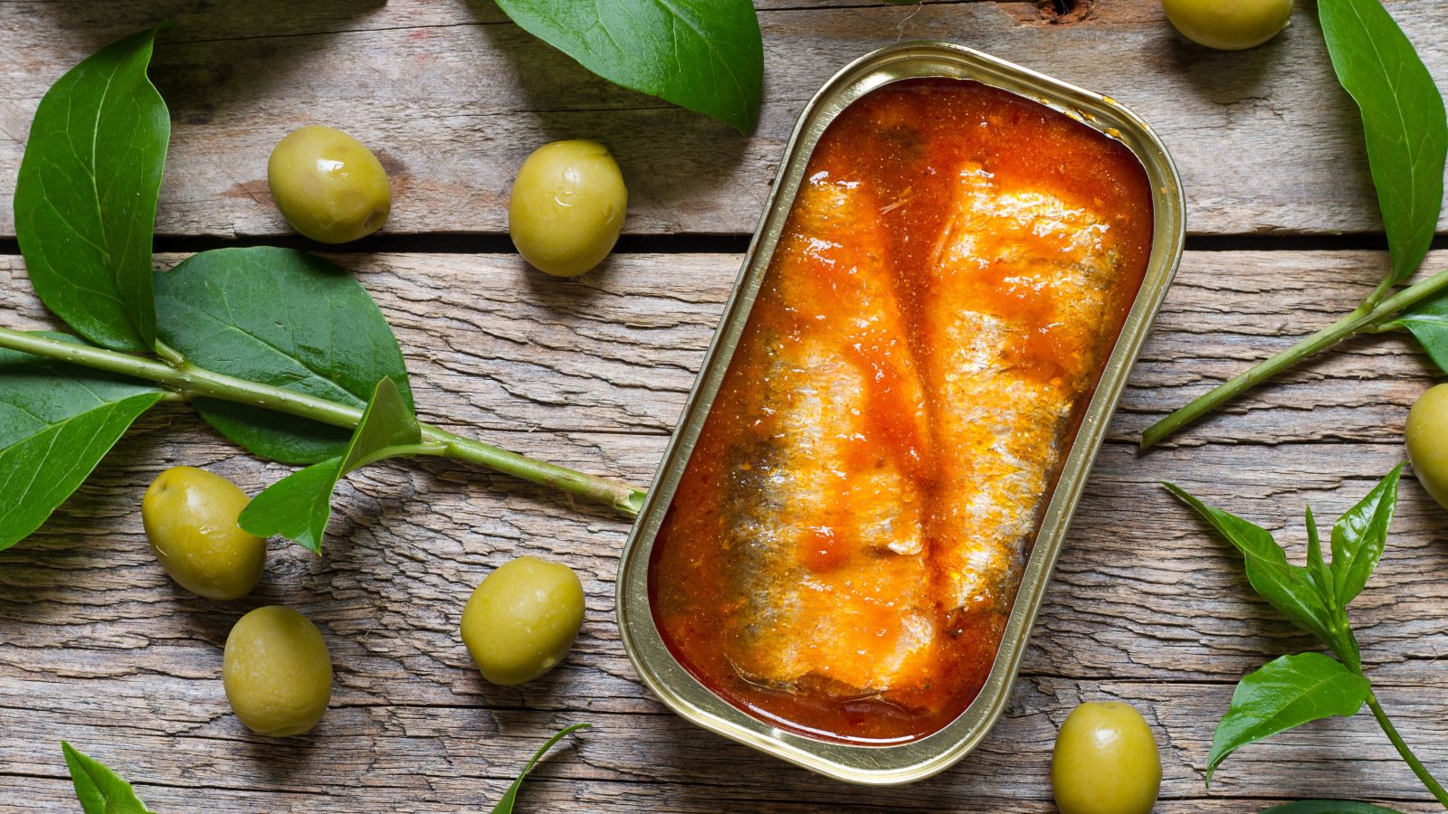 Canned sardines in tomato sauce with green olives and leaves.
