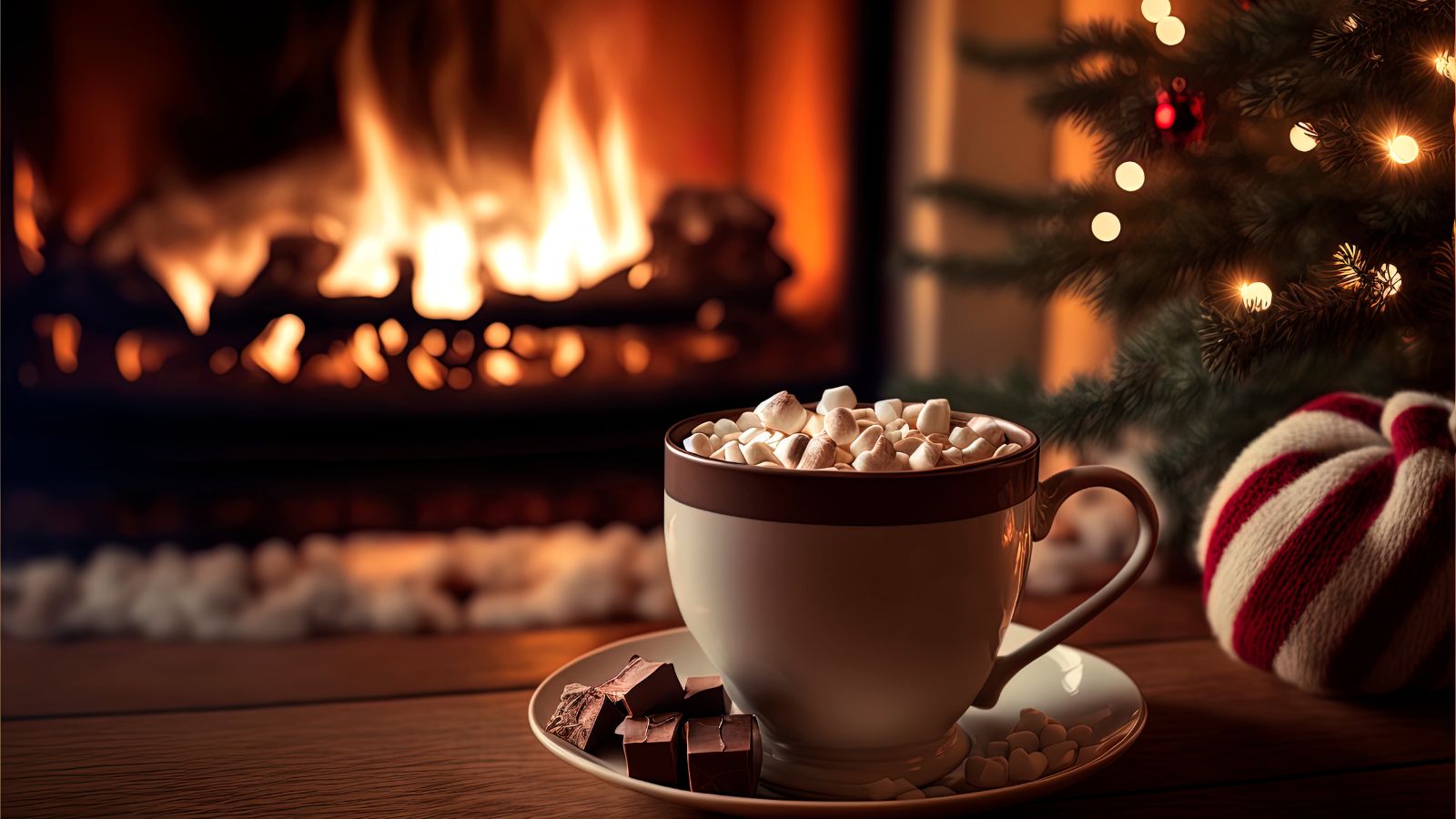 Cup of hot cocoa with marshmallows by a fireplace